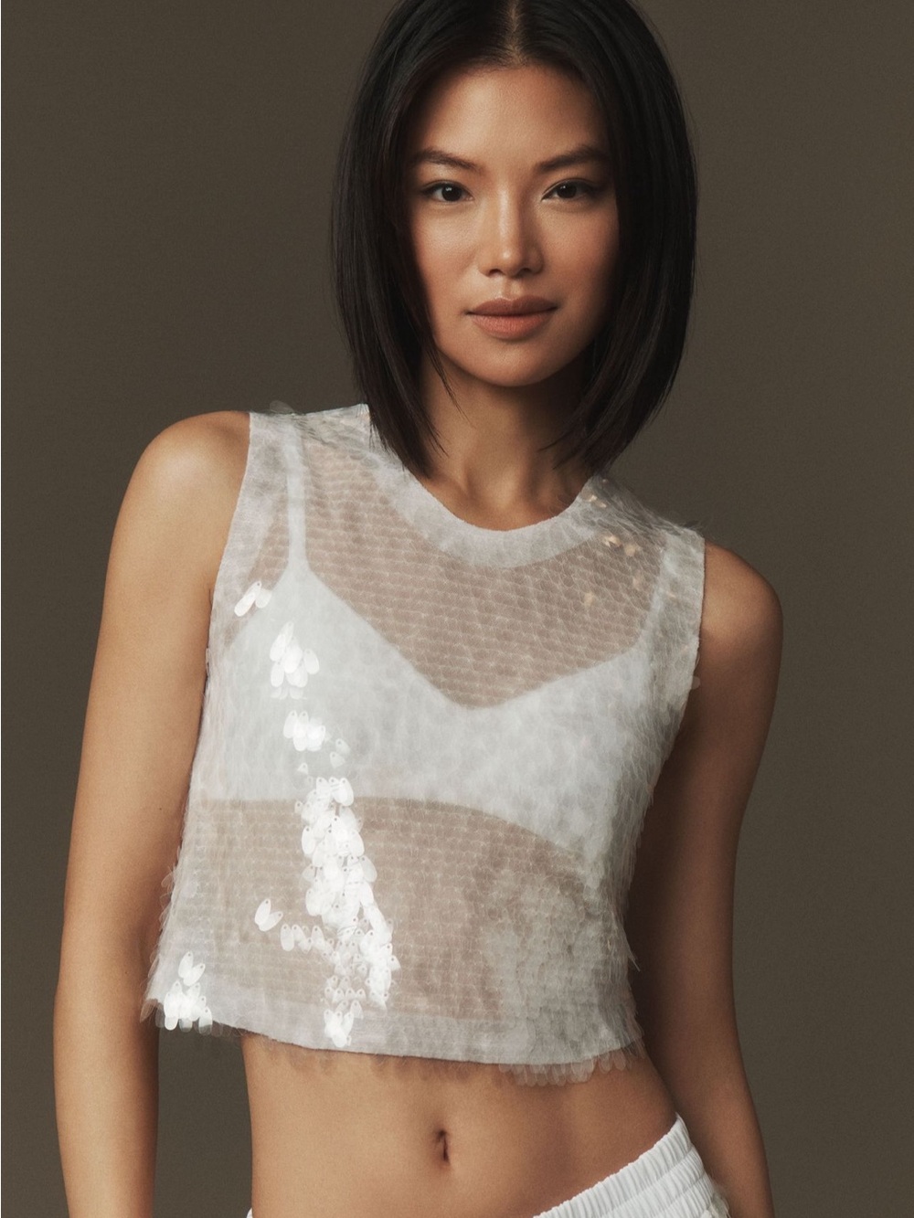 Norma Kamali Sequined Crop Tank Top - White